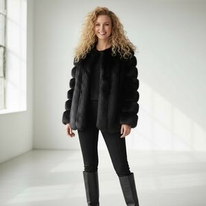 FUREVER Black Faux Fox Fur Panelled Coat PETITE